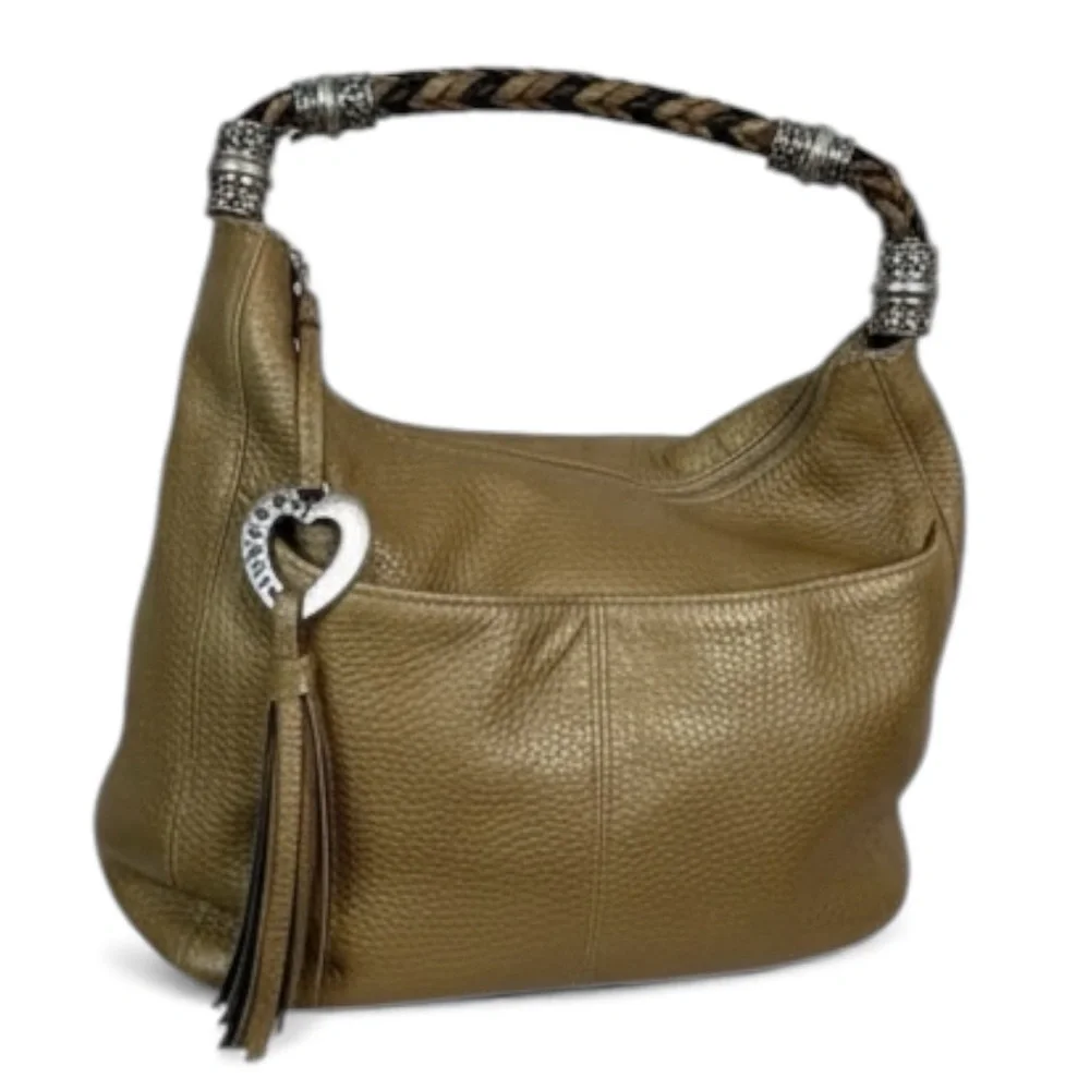Brighton Gold Leather with Earthy Multicolor Braided Strap Hobo Handbag new $599